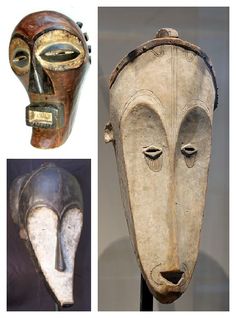 three different types of african masks on display