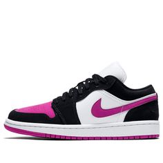 The women's Nike Air Jordan 1 Low "Black Cactus Flower" features the signature AJ1 color-blocking. A black-and-white base gives way for the vibrant cactus flower pink to shine, while the tongue goes for a non-traditional white design. Highlights include the "23" numbering on the tongue as well as a tonal Wings logo on the heel. (AJ1/SNKR/Retro/Low Top/Women's/Basketball) Low Top Jordans For Women, Black Color Block Sporty Sneakers, Sporty Black Color Block Sneakers, Trendy Black Color Block Sneakers, Black Color Block Sneakers For Streetwear, Black Sneakers With Contrasting Heel Counter, Black Cactus, Wmns Air Jordan 1, Jordan 1 Black