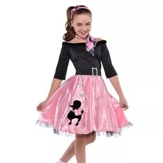 Step Back In Time With This Adorable Miss Sock Hop Poodle Skirt Dress! Perfect For Halloween Or Any 50s-Themed Party, This Dress Is A Complete Outfit That Includes A Black And Pink Poodle Skirt, A White Tee With Black Writing, And A Pair Of Pink Heels. It's Made By Amscan And Is Designed For Girls In Size L (12-14). The Dress Is A Great Addition To Any Costume Collection And Is Sure To Turn Heads With Its Vintage Style. Whether You're Dressing Up For A Costume Party Or Just Want To Add A Touch O Sock Hop Costumes, Poodle Skirt Costume, Poodle Dress, 50s Costume, 1950s Costume, Outfit Rock, Party City Costumes, Up Halloween Costumes, Black And Pink Dress