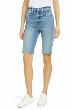 FRAME DENIM Le Vintage Bermuda Sanded Seam Shorts Mirada Sand Blue 26 $200 B44 #FRAME #Shorts Bermuda Short, Trendy Shorts, Shorts Skirts, Frame Denim, High Waisted Denim, Simple Outfits, Straight Jeans, Short Outfits