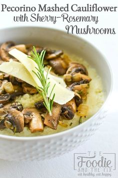 a white bowl filled with mashed cauliflower and mushrooms