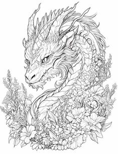 a drawing of a dragon surrounded by flowers