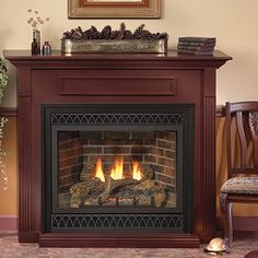 a living room with a fire place and chairs