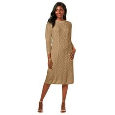 Jessica London Women's Plus Size Cable Sweater Dress Dress.An iconic sheath dress with scoop neck and long sleeves. 40" length Acrylic Machine wash; imported Style & Fit Tips: This simple yet sophisticated sweater dress makes transitioning into the colder seasons look easy. Designed in a comfy cable knit, this impeccably tailored silhouette incorporates key seasonal trends with classic, elegant style into a one-and-done outfit that loves your curves. Pair with riding boots or block-heeled bootie Work Clothes Women, Cable Sweater Dress, Classic Elegant Style, Cable Sweater, Ladies Of London, Swimsuits For All, Elegant Style, Sheath Dress, Dress Making