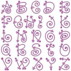 the letters and numbers are drawn in purple ink on white paper with swirly lines