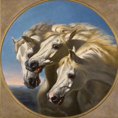 three white horses are standing together in a painting