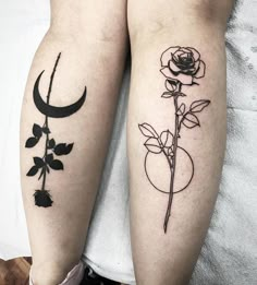 two tattoos with roses and crescents on their legs