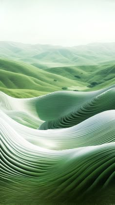 an artistic view of green hills and rolling hills with wavy lines in the foreground