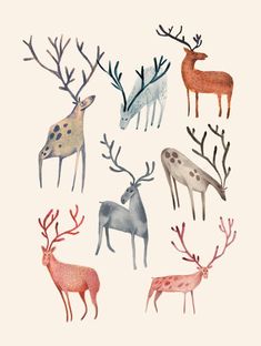 six deers with antlers painted on them