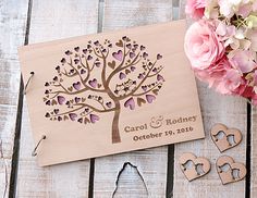 personalized wooden wedding guest book with hearts and tree