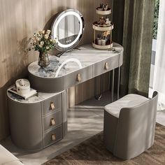 a vanity with a mirror and stool in a room