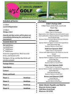 the golf tournament flyer is shown with information for each player and their respective team's sponsors