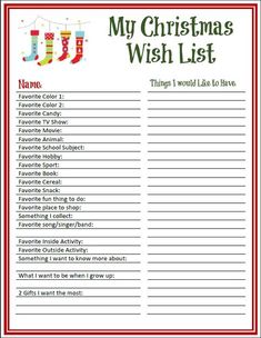 a christmas wish list with stockings hanging from the clothes