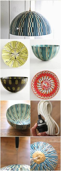 many different pictures of colorful bowls and wires