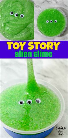 the green slime is in a bowl with eyes and googly eyes on it