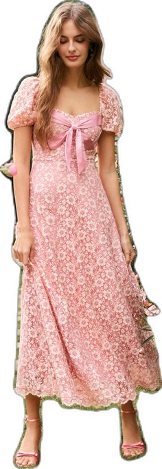 Pink Lace Maxi Dress, Spring Staples, Ribbon Design, Traditional Fashion, Lace Maxi, Lace Maxi Dress, Patterned Fabric, Pink Bow, Pink Lace