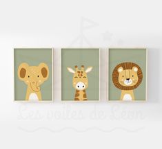 three pictures of animals hanging on the wall