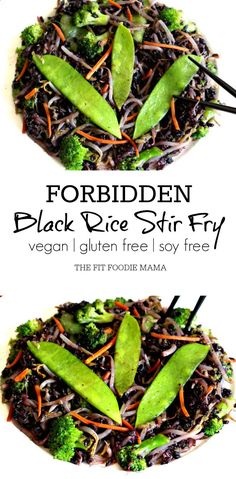 two plates with broccoli, carrots and black rice stir fry on them