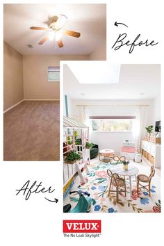 before and after photos of a living room with carpeted flooring, ceiling fan and dining table