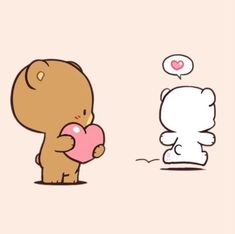 a brown bear holding a pink heart next to a white teddy bear