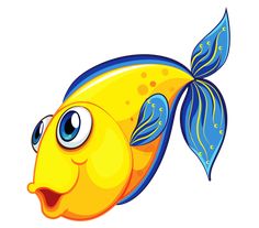 a yellow fish with blue tail and big eyes on a white background stock photo, royalty