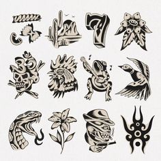 an assortment of tattoo designs on white paper