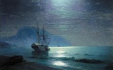 a painting of a ship in the ocean at night