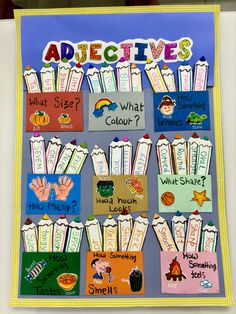 a bulletin board with handwritten words and pictures on it that says, adjectives what size? what color?