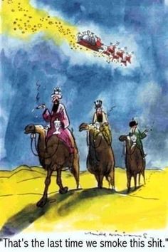 three men riding on camels in the desert with santa clause flying above their heads