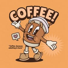 a coffee cup character with the words coffee on it's chest and hands in the air