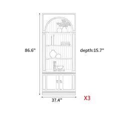 the measurements for a tall cabinet with doors and shelves on each side, including an open door