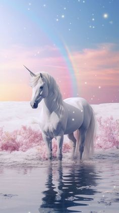 a white unicorn standing in the water with a rainbow in the background