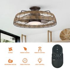 a ceiling fan with remote controls on it and an image of the light above it