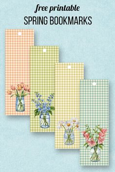 free printable spring bookmarks with flowers in vases and gingham checks