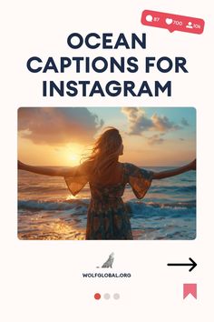 Promotional graphic for 'Ocean Captions for Instagram' with a woman enjoying a beach sunset.
List of ocean-themed expressions with emojis on a website's advertisement banner.
Woman smiling at a laptop with social media engagement graphics and an invitation to join an Instagram pod. Ocean Instagram Captions, Ocean Captions, Of Captions, Insta Quotes, Captions For Instagram, The Wave, Instagram Captions, Puns, The 100