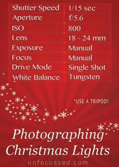 a red poster with white snowflakes on it and the words photography christmas lights