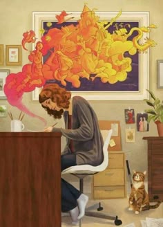 a painting of a woman sitting at a desk with a cat in front of her