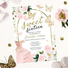 the sweet sixteen birthday party is set up with pink and gold flowers, butterflies, and white