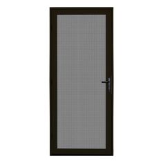 an open door with a screen on the front and side panels in dark brown color