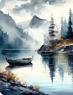 a painting of a boat on a lake with mountains in the background and foggy sky