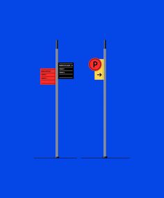 three poles with signs on them in front of a blue background and one pole has a red sign that says parking