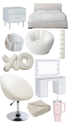 white furniture and accessories are arranged in a collage on a white background, including a bed, desk, chair, mirror, coffee cup, lamp, dresser, and other items