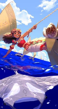 an animated image of a woman on a boat in the ocean with a shark nearby