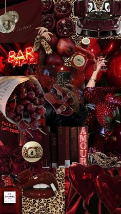 a collage of red and leopard print items including apples, lipstick, perfume bottles