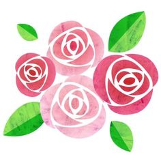 three pink roses with green leaves on a white background