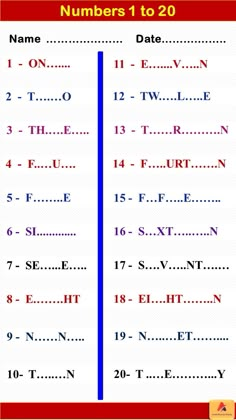 the numbers to 20 are shown in red and blue