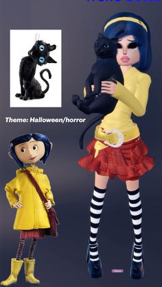 an animated girl holding a black cat next to another cartoon character wearing yellow and red