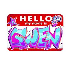 a red and blue name tag with the words hello my name is given