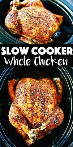 crockpot whole chicken in a slow cooker with text overlay that reads, crockpot whole chicken