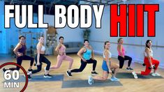 the full body hit workout video is shown in red and black with an image of women doing